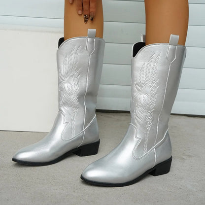 Mid-Calf Women’s Western Cowboy Boots Pointed Toe Retro Fashion
