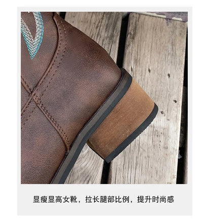 Embroidered Mid-Calf Western Boots for Women – Real Leather