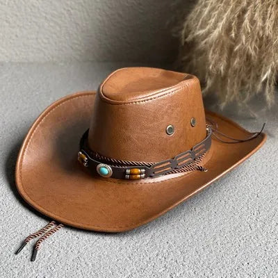 Faux Leather Western Cowboy Hat – Vintage Panama Style for Men & Women