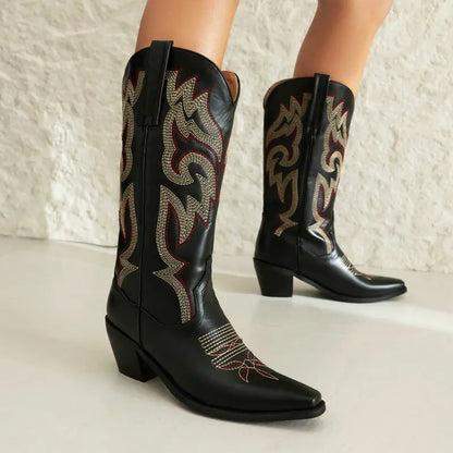 Embroidered Western Cowboy Boots for Women – Pointed Toe Mid-Calf Chunky Heel Boots