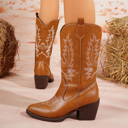 Women’s Western Cowboy Boots Mid-Calf Pointed Toe Embroidered Spring & Fall